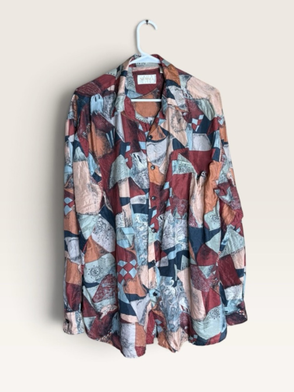Vintage Summa Silk L 100% Silk Abstract Geometric Art Print Button Down Shirt